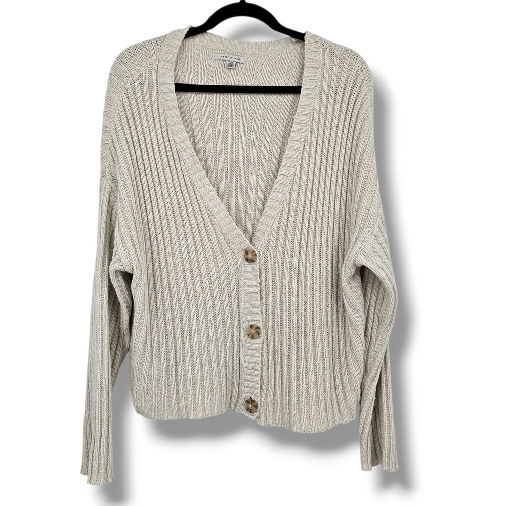 American Eagle Cream Ribbed Button Front Cardigan Sweater Womens Large L Oatmeal